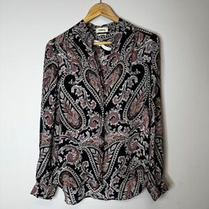 L'AGENCE Women Black Red Paisley 100% Silk Button Front Blouse Small S